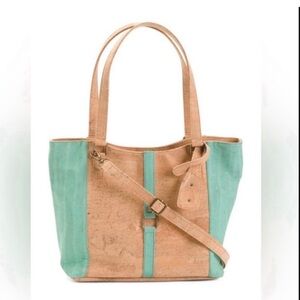ARTELUSA Natural Cork Tan & Turquoise Large Bag & Dust Bag NWT